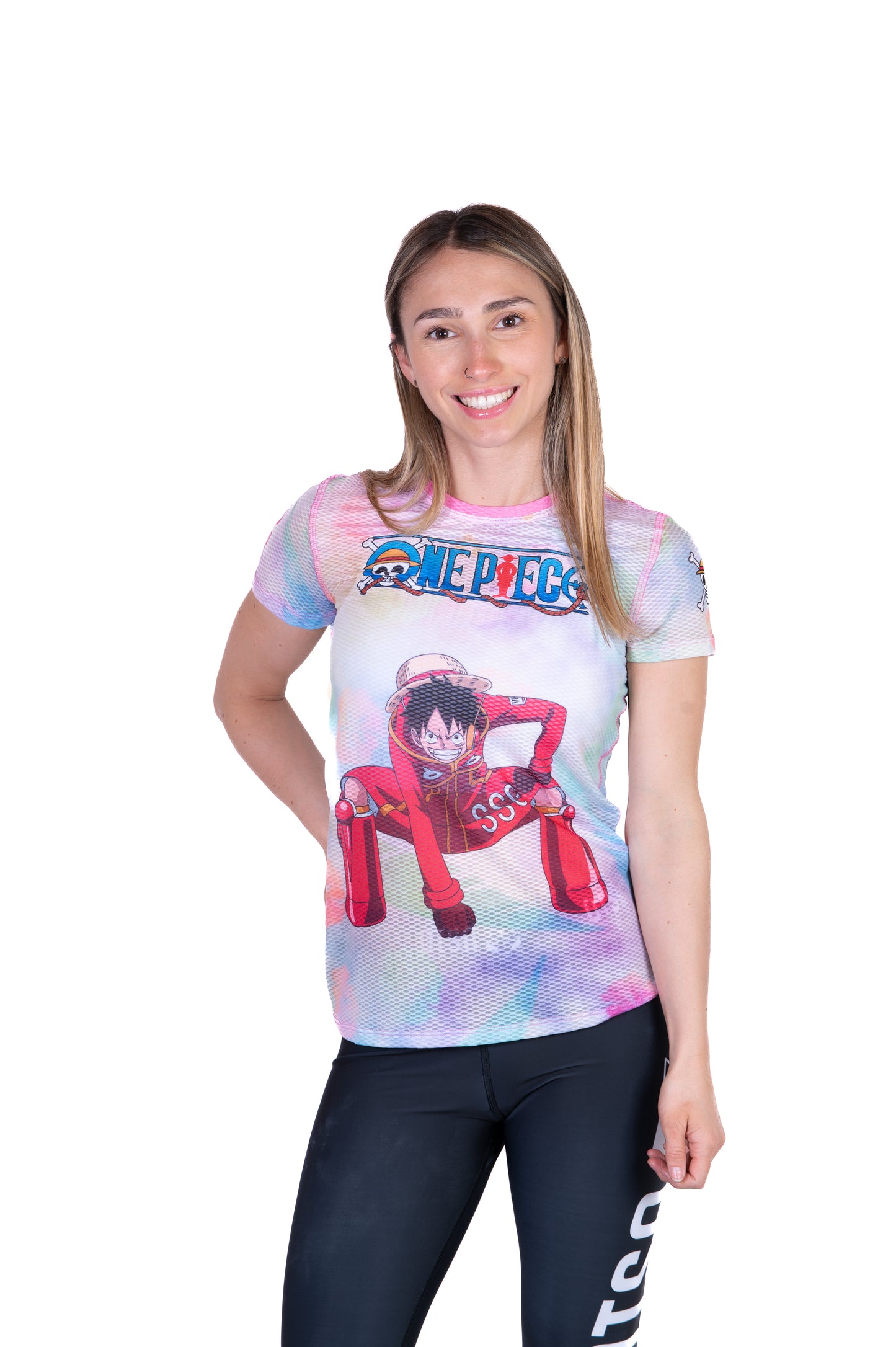 T-shirt de manga curta para mulher - One piece egghead luffy and the crew pink
