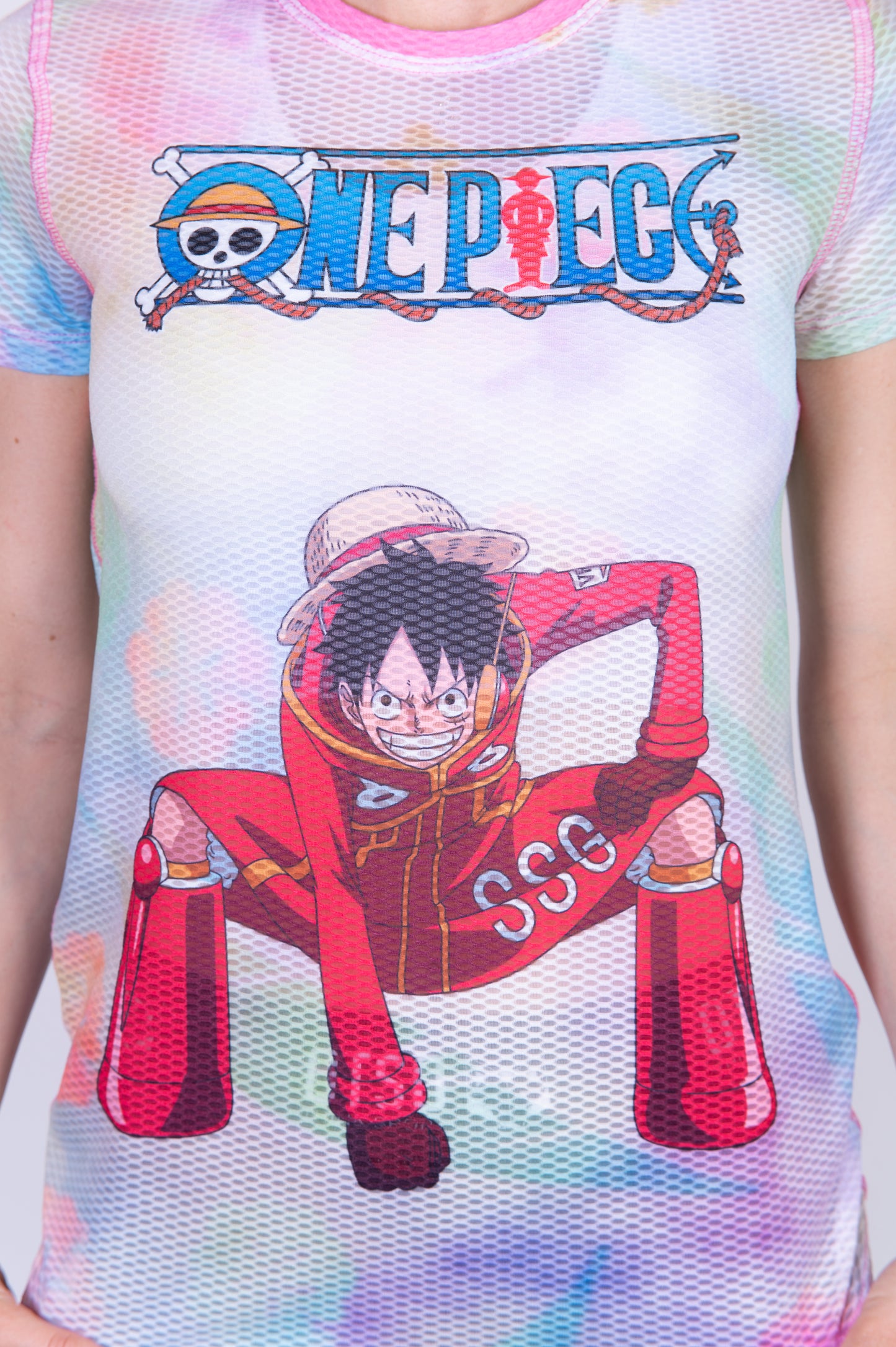 T-shirt de manga curta para mulher - One piece egghead luffy and the crew pink