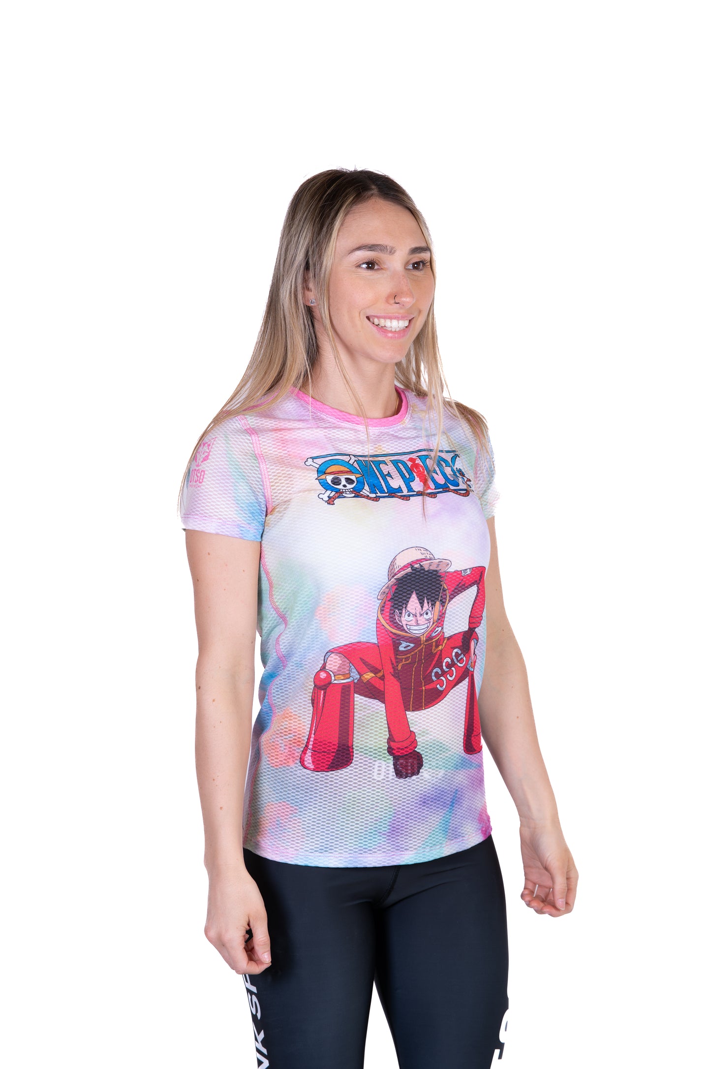 T-shirt de manga curta para mulher - One piece egghead luffy and the crew pink